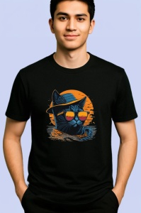 Tricou Pisica cu palarie si ochelari fundal portocaliu Copii | Dama | Barbat, culoare negru - Img 2