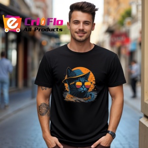 Tricou Pisica cu palarie si ochelari fundal portocaliu Copii | Dama | Barbat, culoare negru - Img 6