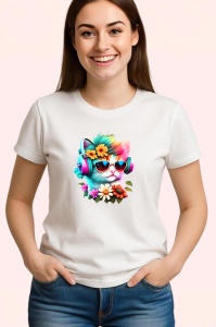 Tricou Pisica curcubeu cu casti si flori galbene fundal alb Copii | Dama | Barbat - Img 3