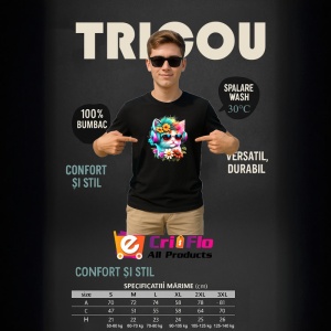 Tricou Pisica curcubeu cu casti si flori galbene fundal alb Copii | Dama | Barbat, culoare negru - Img 7