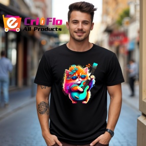 Tricou Pisica curcubeu cu chitara electrica si flori albastre Copii | Dama | Barbat, culoare negru - Img 6