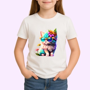 Tricou Pisica curcubeu cu floare galbena si fundal alb Copii | Dama | Barbat - Img 4