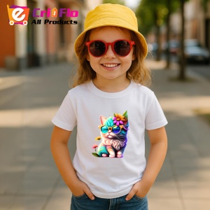 Tricou Pisica curcubeu cu floare galbena si fundal alb Copii | Dama | Barbat