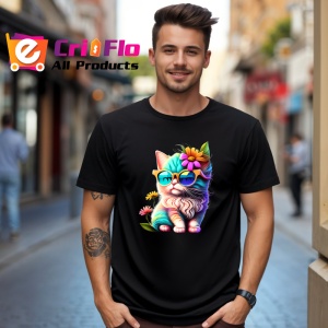 Tricou Pisica curcubeu cu floare galbena si fundal alb Copii | Dama | Barbat, culoare negru - Img 5