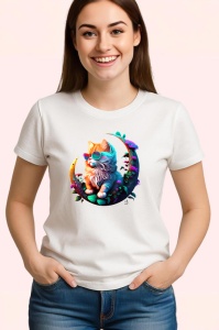 Tricou Pisica curcubeu cu flori albastre pe luna aurie Copii | Dama | Barbat - Img 3