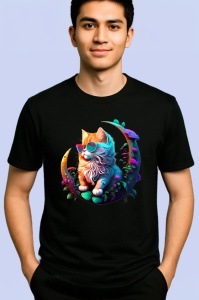 Tricou Pisica curcubeu cu flori albastre pe luna aurie Copii | Dama | Barbat, culoare negru - Img 2