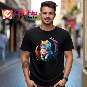 Tricou Pisica curcubeu cu flori albastre pe luna aurie Copii | Dama | Barbat, culoare negru - Img 5