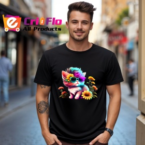 Tricou Pisica curcubeu cu flori si ochelari fundal negru Copii | Dama | Barbat, culoare negru