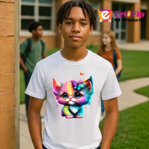 Tricou Pisica curcubeu cu ochi mari si fluture roz Copii | Dama | Barbat