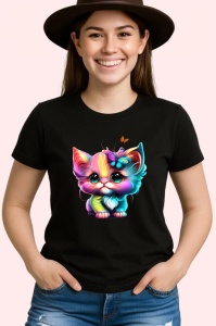 Tricou Pisica curcubeu cu ochi mari si fluture roz Copii | Dama | Barbat, culoare negru - Img 3