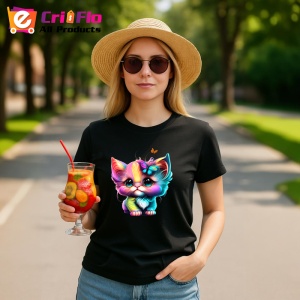 Tricou Pisica curcubeu cu ochi mari si fluture roz Copii | Dama | Barbat, culoare negru - Img 7