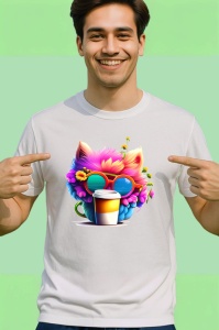 Tricou Pisica curcubeu in cana galbena cu flori in par Copii | Dama | Barbat - Img 2