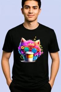 Tricou Pisica curcubeu in cana galbena cu flori in par Copii | Dama | Barbat, culoare negru - Img 2