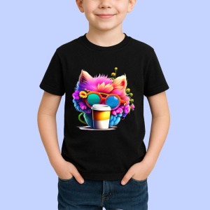 Tricou Pisica curcubeu in cana galbena cu flori in par Copii | Dama | Barbat, culoare negru - Img 4