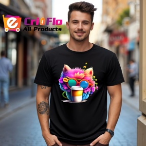 Tricou Pisica curcubeu in cana galbena cu flori in par Copii | Dama | Barbat, culoare negru - Img 6
