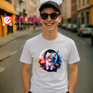 Tricou Pisica curcubeu pe luna cu ochelari si flori fundal alb Copii | Dama | Barbat - Img 5