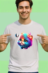 Tricou Pisica curcubeu pufoasa cu minge de fotbal Copii | Dama | Barbat - Img 2