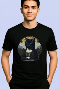 Tricou Pisica eleganta cu privire atenta si fundal pictat Copii | Dama | Barbat, culoare negru - Img 2