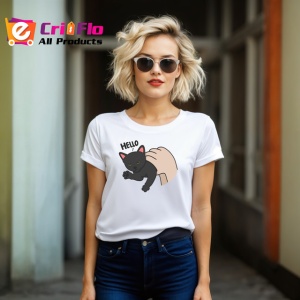 Tricou Pisica Gri Amuzanta Hello Fundal Inchis, din bumbac 100% , tricou alb pentru Copii | Dama | Barbat - Img 8