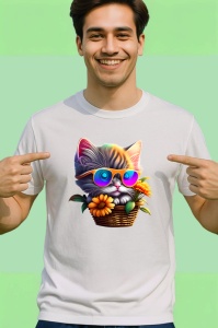 Tricou Pisica gri cu ochelari roz si floare galbena Copii | Dama | Barbat - Img 2