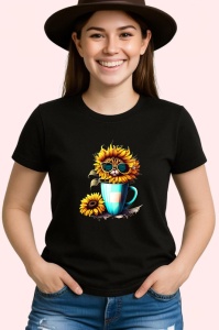 Tricou Pisica in cana galbena cu floarea soarelui si ochelari Copii | Dama | Barbat, culoare negru - Img 3