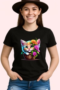Tricou Pisica in cos cu flori imagine adorabila si vesela Copii | Dama | Barbat, culoare negru - Img 3