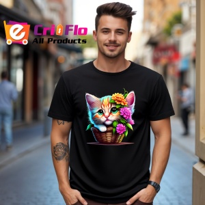 Tricou Pisica in cos cu flori imagine adorabila si vesela Copii | Dama | Barbat, culoare negru - Img 6