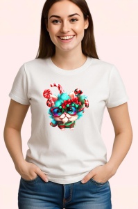 Tricou Pisica in pijama Craciun cu baston si decoratii Copii | Dama | Barbat