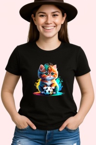 Tricou Pisica portocalie cu minge alb negru arta jucausa colorata Copii | Dama | Barbat, culoare negru