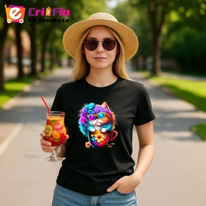 Tricou Pisica pufoasa cu flori si cana rosie Copii | Dama | Barbat, culoare negru - Img 7