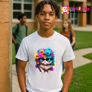 Tricou Pisica pufoasa cu ochelari mari si flori colorate Copii | Dama | Barbat - Img 5