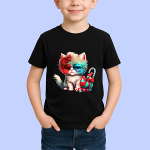 Tricou Pisica pufoasa cu ochelari si fundita mare rosie Copii | Dama | Barbat, culoare negru