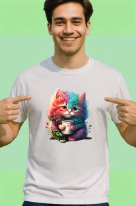 Tricou Pisica roz cu cana si flori fundal artistic Copii | Dama | Barbat - Img 2