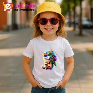 Tricou Pisica roz cu chitara galbena si flori portocalii Copii | Dama | Barbat - Img 11
