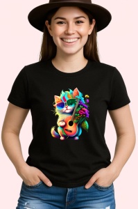 Tricou Pisica roz cu chitara galbena si flori portocalii Copii | Dama | Barbat, culoare negru - Img 3
