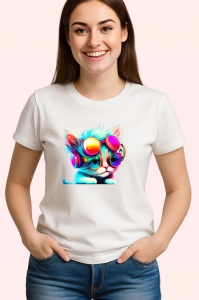 Tricou Pisica techno cu ochelari roz si casti mov Copii | Dama | Barbat