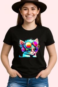 Tricou Pisica techno cu ochelari roz si casti mov Copii | Dama | Barbat, culoare negru - Img 3