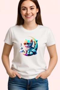 Tricou Pisica turcoaz pe luna aurie cu ochelari fundal alb Copii | Dama | Barbat - Img 3