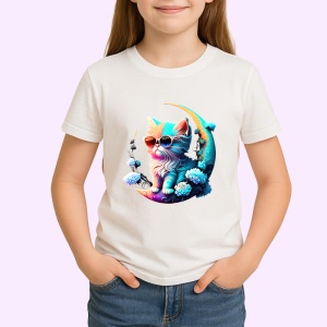 Tricou Pisica turcoaz pe luna aurie cu ochelari fundal alb Copii | Dama | Barbat - Img 4