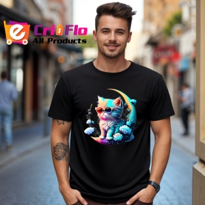 Tricou Pisica turcoaz pe luna aurie cu ochelari fundal alb Copii | Dama | Barbat, culoare negru - Img 6