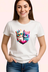 Tricou Pisici inlantuite de inima si flori fundal alb Copii | Dama | Barbat - Img 3
