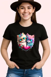 Tricou Pisici inlantuite de inima si flori fundal alb Copii | Dama | Barbat, culoare negru - Img 3