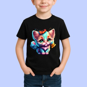 Tricou Pisicuta albastra cu fundita si fluture portocaliu Copii | Dama | Barbat, culoare negru - Img 4