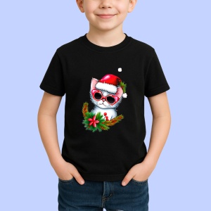 Tricou Pisicuta Craciun cu fundal alb si ochelari mari Copii | Dama | Barbat, culoare negru - Img 4