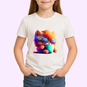 Tricou Pisicuta cu blana curcubeu si cana fundal galben Copii | Dama | Barbat