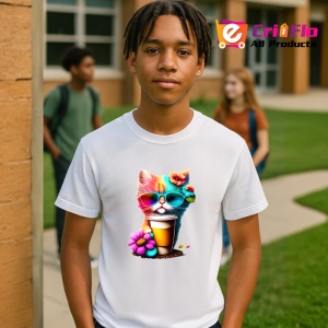 Tricou Pisicuta cu cana cafea si flori mov galbene Copii | Dama | Barbat - Img 5