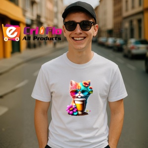 Tricou Pisicuta cu cana cafea si flori mov galbene Copii | Dama | Barbat - Img 6