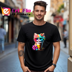 Tricou Pisicuta cu cana cafea si flori mov galbene Copii | Dama | Barbat, culoare negru - Img 5