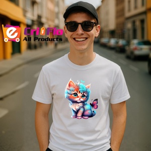 Tricou Pisicuta cu coada albastra si fluture fundal curat Copii | Dama | Barbat - Img 6