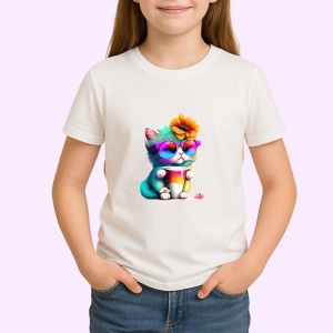 Tricou Pisicuta cu floare in par si cana curcubeu Copii | Dama | Barbat - Img 4